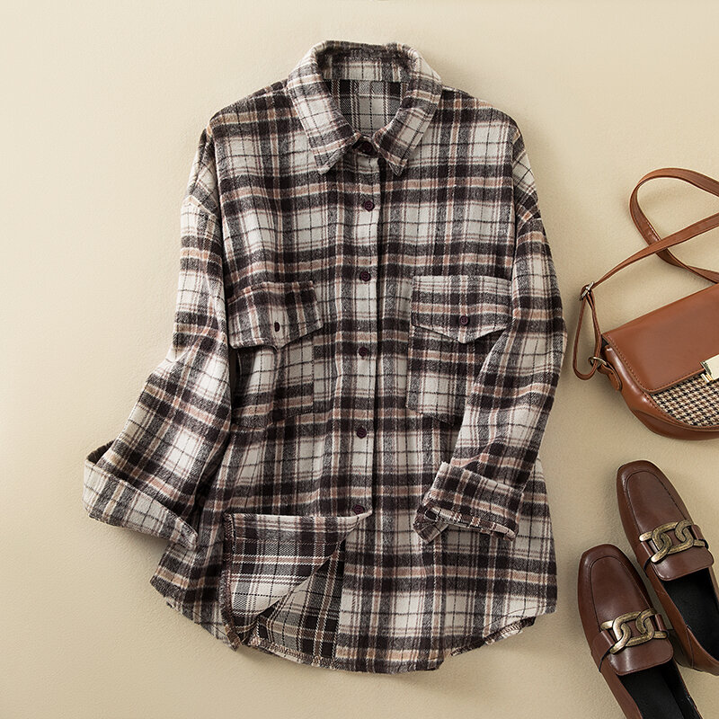 Lihormiyue-camisa clásica de lana a cuadros para mujer, blusas Vintage holgadas para otoño e invierno, ropa exterior holgada de estilo inglés, elegante, J960