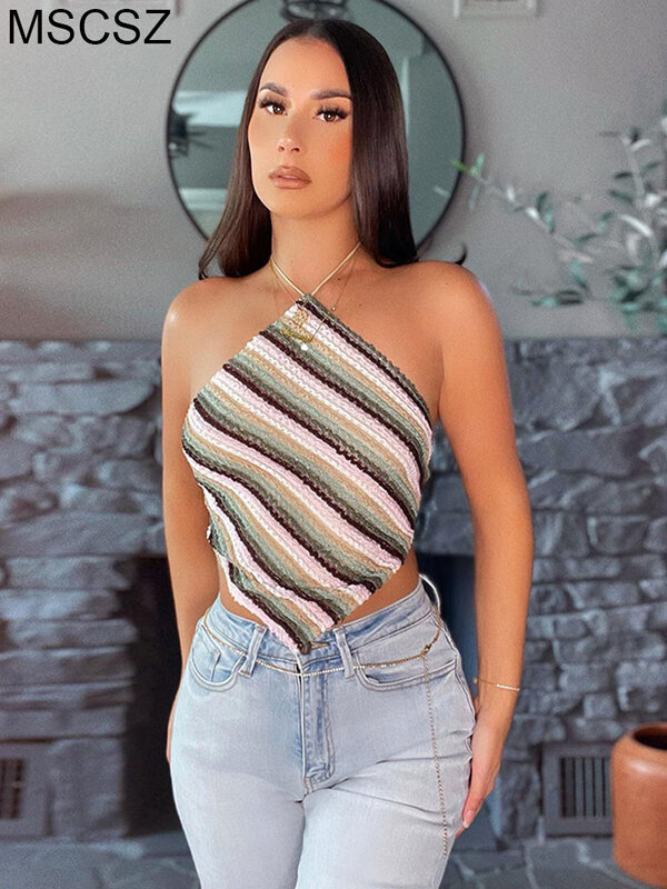Striped Crochet Two Piece Set Womens Outfits Sexy Summer Vacation Beach Outfits Mini Skirt And Crop Top Dress Sets Y2K Club Wear