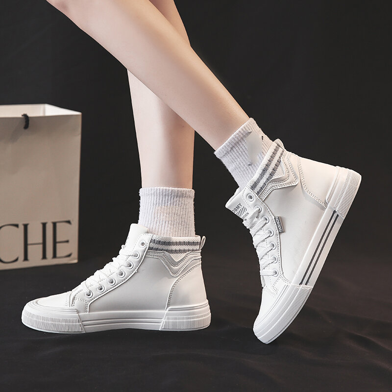 Zapatillas deportivas de lona para mujer, zapatos vulcanizados de cuero blanco, diseño de lujo, informales, con cordones, 2022