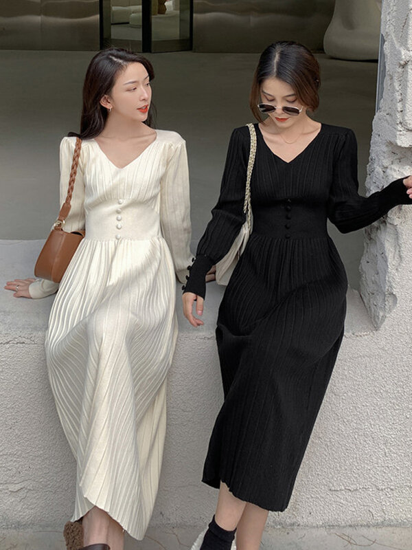 2022 Nieuwe Herfst Winter Vrouwen Breien Jurk Koreaanse Vrouwelijke V-hals Solid Lange Mouwen Hoge Taille Midi Jurk Trui A-lijn Rok