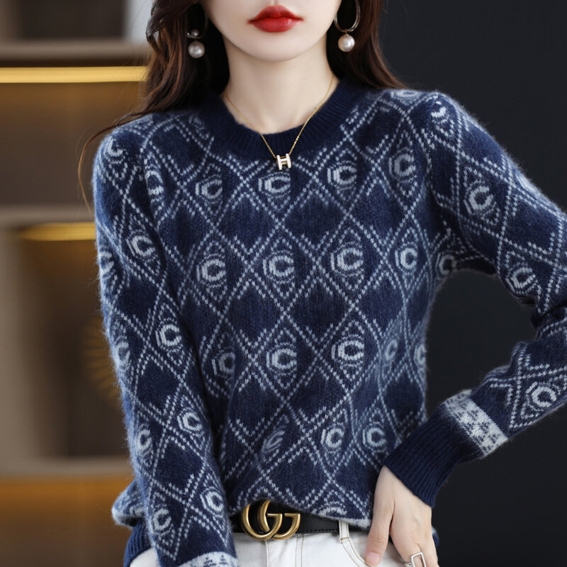 새로운 가을 겨울 캐시미어 스웨터 여성 라운드 넥 레트로 자카드 스웨터 풀오버, 느슨한 울 니트 보터밍 코트