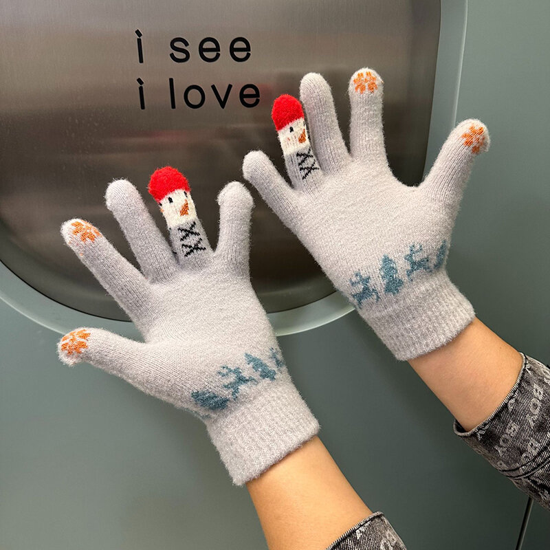 Зимние вязаные перчатки с мультяшным рисунком, милые перчатки для девочек с пальцами для сенсорных экранов, рождественские варежки, подарок, женские теплые стильные перчатки T179
