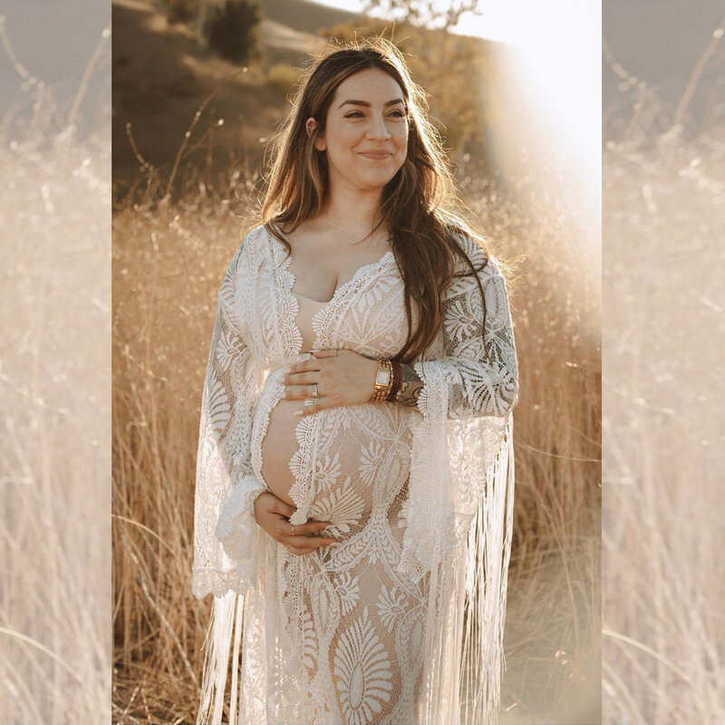 Artystyczna zdjęcie ciążowe sukienka Shoot kwiat nerkowca koronkowe frędzle suknia Maxi fotografii ciążowej rekwizyty długie sukienki