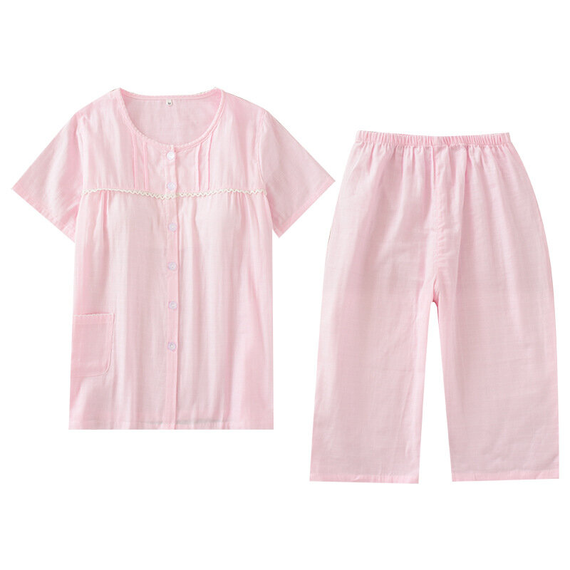 Women's Pure Cotton With Chest Pad Pajamas Short-sleeve Cropped Loungewear O-neck Loose Homewear Cartoon Print Sleepwear Suit