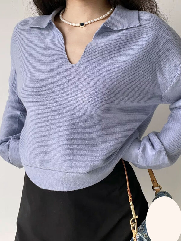New Autumn Winter Women Sweater Pullovers Simple Lapel Casual Cotton Sweaters  Long Sleeve Knitted Sweater Female Femme jumper