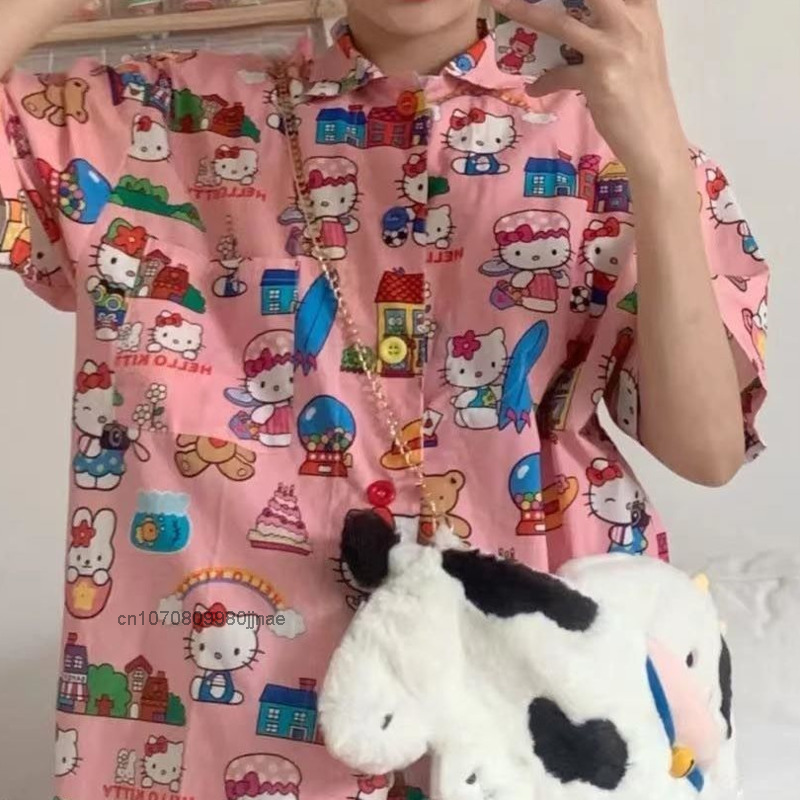 Женская Повседневная Блузка Hello Kitty, летняя блузка с милыми рисунками из мультфильмов, рубашка на пуговицах для отдыха, милая уличная одежда ...