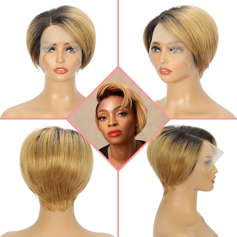 Pelucas de cabello humano para mujer, pelo corto recto Bob, parte en T, transparente, con encaje, línea de pelo prearrancada, corte Pixie, 100%
