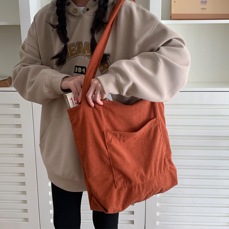 Tas bahu kapasitas besar untuk tas tangan wanita 6 warna Solid tas jinjing korduroi kanvas kasual tas bahu wanita besar Bolsas
