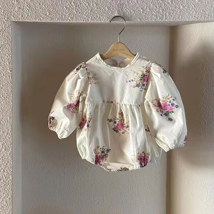 RiniKinda Baby Girl ubrania wiosna bawełna lniana noworodka dziewczynka bufiaste rękawy kwiat kombinezon z odkrytymi plecami moda odzież dla niemowląt