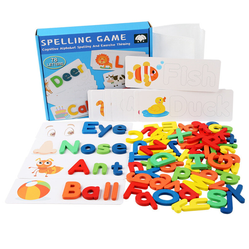 Rompecabezas de palabras de madera para niños, 78 piezas, juguetes educativos para niños, tarjetas del alfabeto inglés, juguetes de aprendizaje de letras, bloques de madera