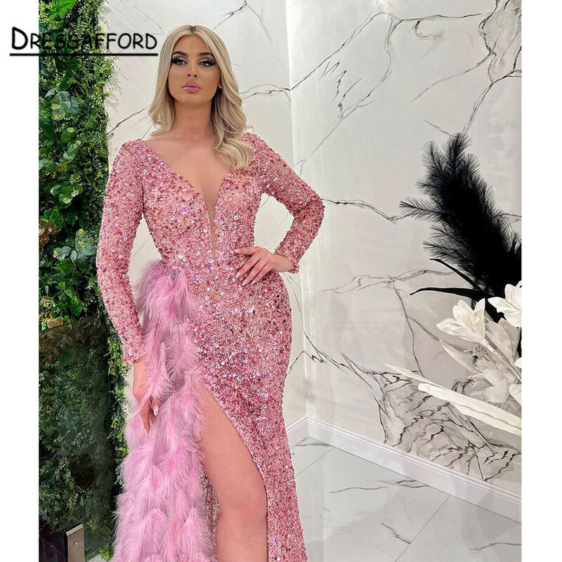 Straußen Federn Prom Kleid Meerjungfrau V-ausschnitt Abendkleider 2022 Pageant Kleid Nach Maß