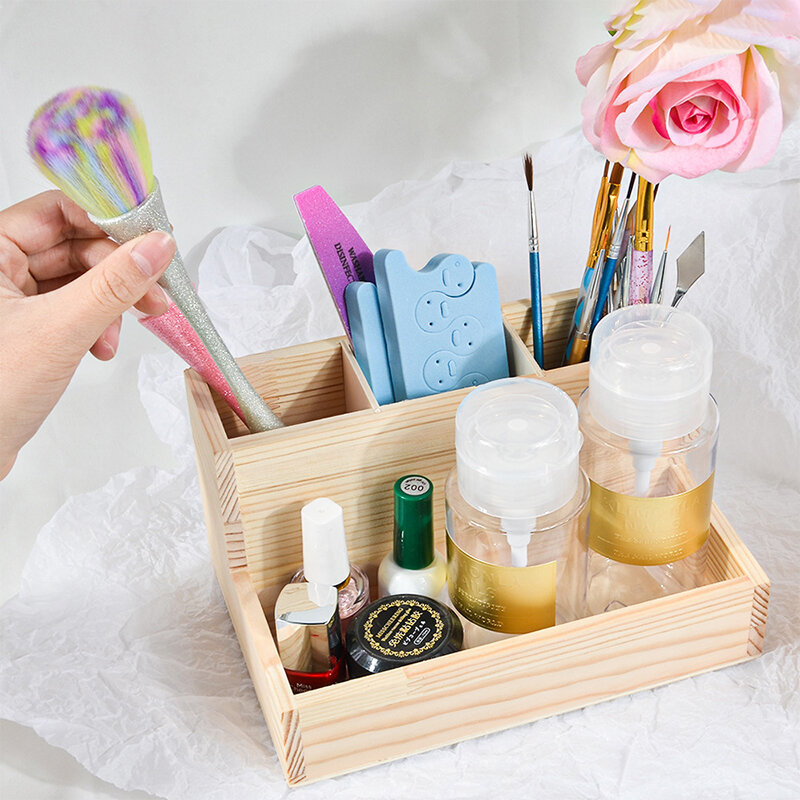 Wooden Nail Art Organizer Container Gel Polish Remover Cleaning Cotton Pad Swab Box Storage Case Tool Clean Desktop
