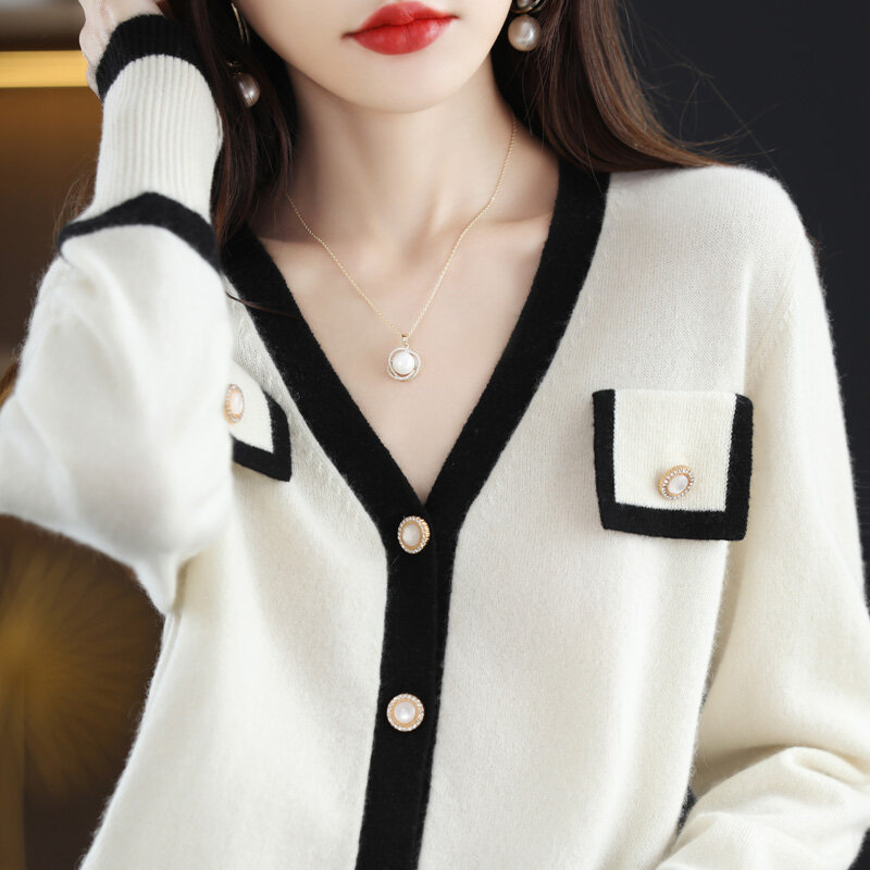 Hot Sale Autumn And Winter New Women's Korean Style Fashion Stitching 100% Wool Knitted Casual Top V-Neck Fragrant Chic Cardigan