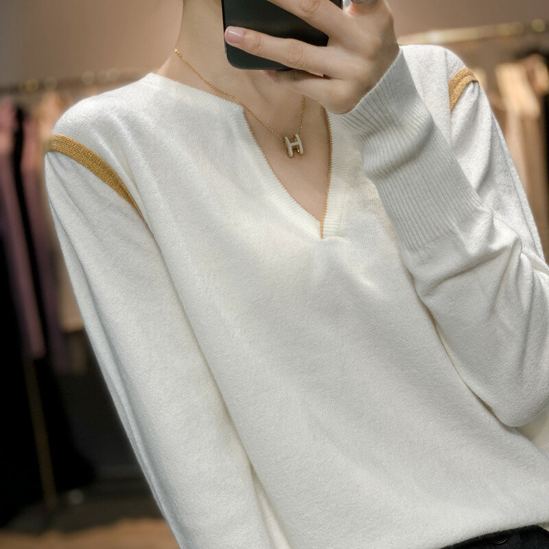 Suéter con cuello en V para mujer, jersey de manga larga, versión coreana, Camiseta de punto a la moda, Top salvaje, Otoño e Invierno