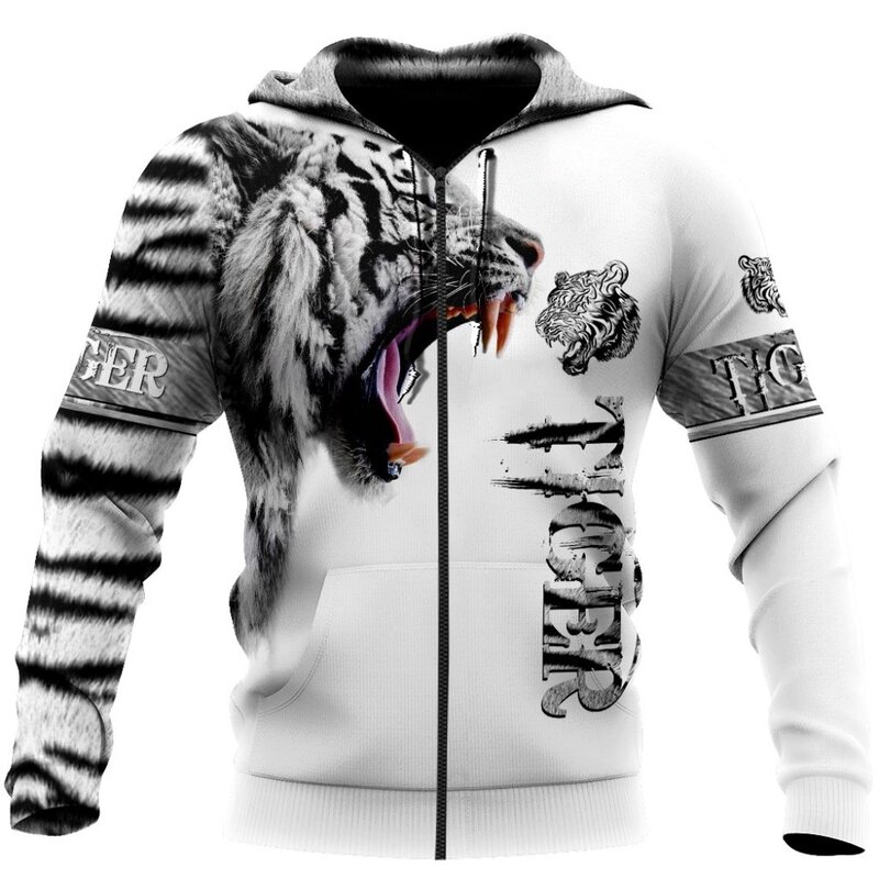 Marka moda jesień bluzy biała skóra tygrysa 3D wszystko nadrukowane męska bluza Unisex Zip sweter casualowa kurtka