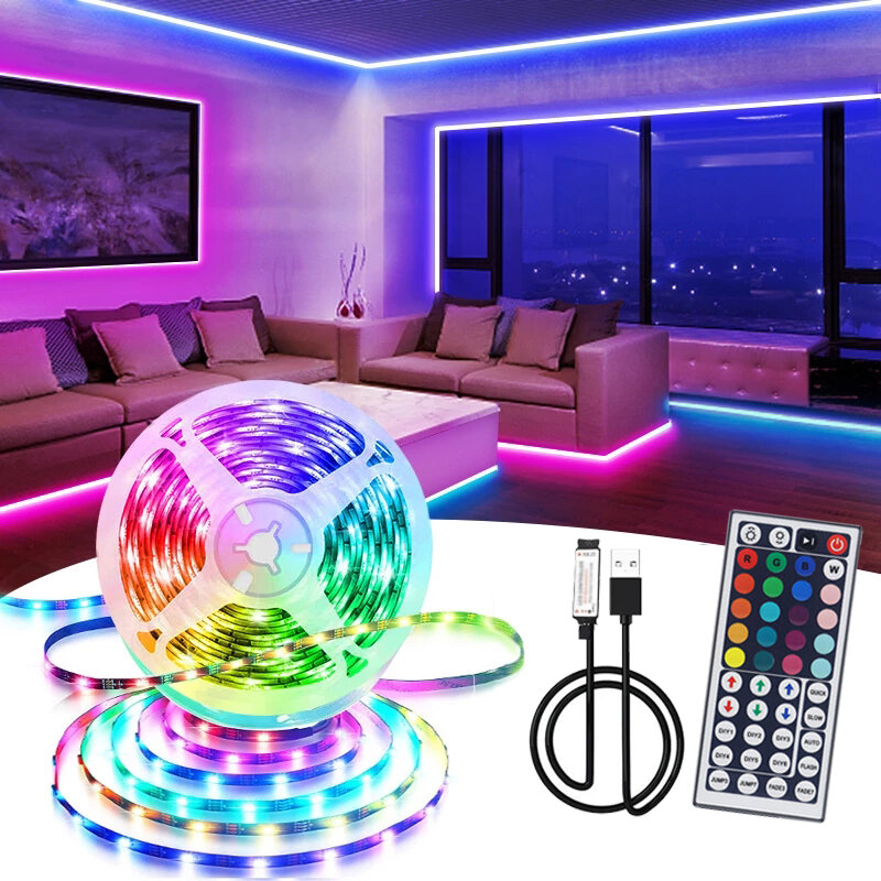 Lampu Neon Fleksibel Strip LED 5V untuk Dekorasi Dinding Kamar 5050 Pita RGB dengan 44 Pita Lampu Dim Perubahan Warna Kontrol Kunci