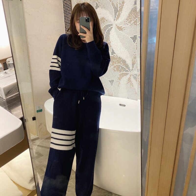 TB Waffle 4-bar pullover sweater+casual sports trousers two-piece suit for women