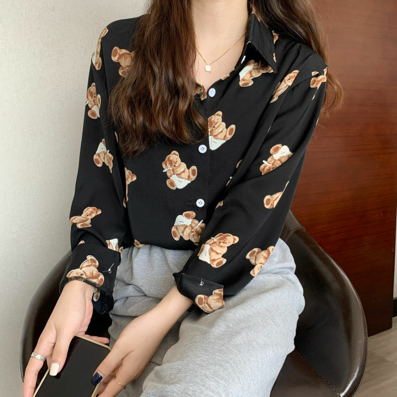 Cute Bear Print Buttion Up Shirt Herfst Koreaanse Fashion 2022 Shirts Voor Vrouwen Witte Lange Mouw Casual Trendy Vrouwelijke Kleding