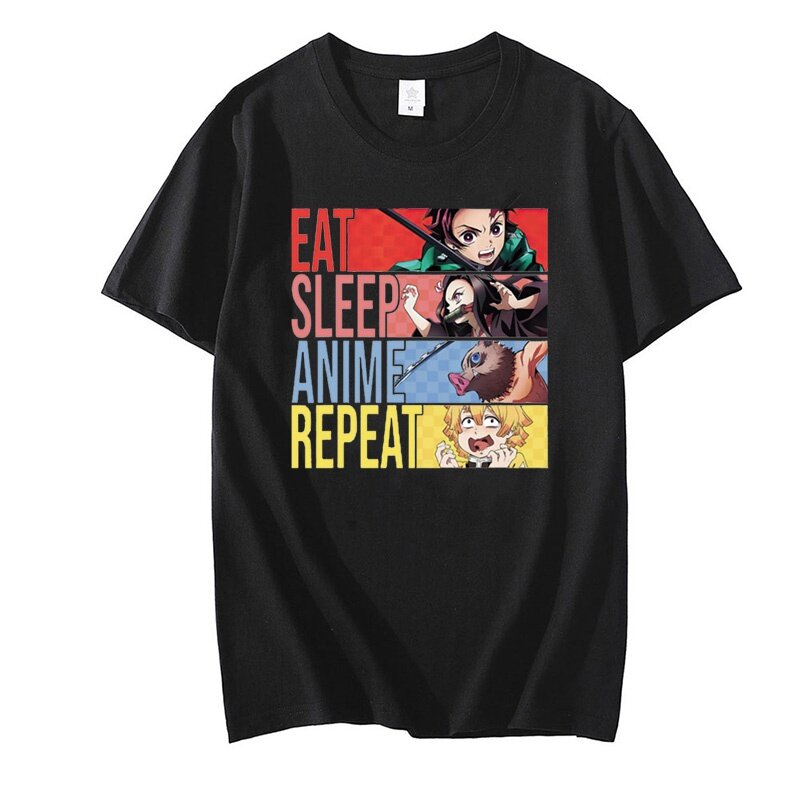 Demon Slayer Kimetsu No Yaiba T Shirt Funny Eat Sleep Anime Graphic Printed T Shirt Unisex Casual Crew Neck Short Sleeve Shirt