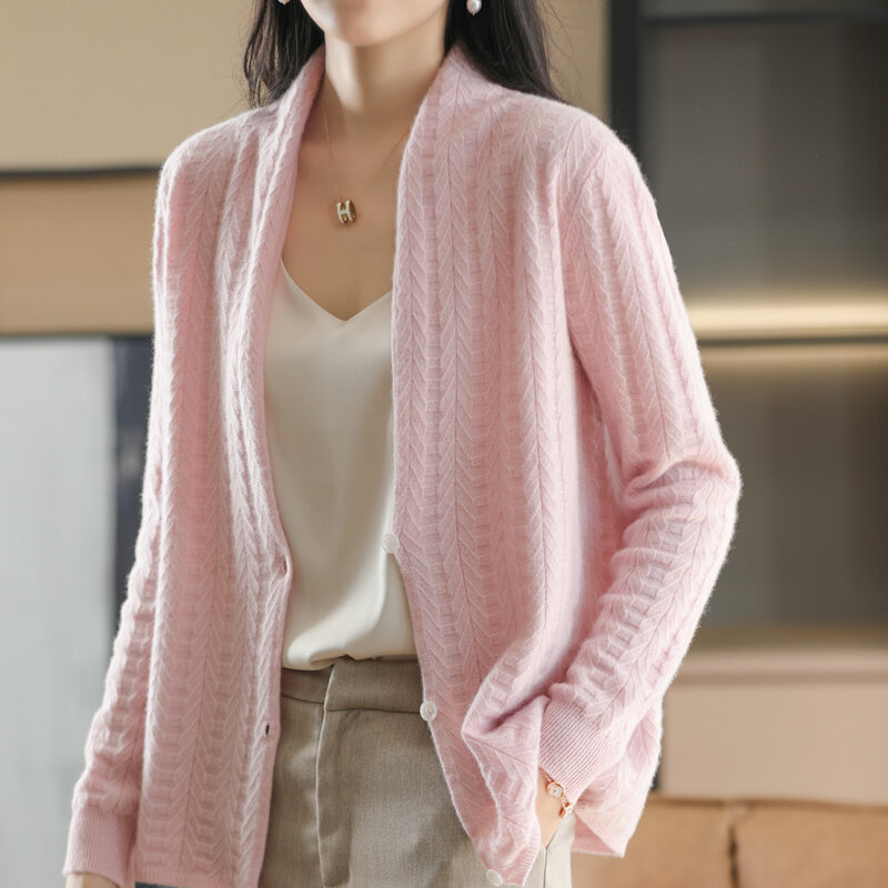 Cárdigan de lana pura para mujer, suéter ajustado con cuello en V, abrigo de punto de manga larga, pequeño, primavera y otoño, 100%