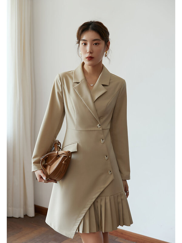DUS Hu ผู้หญิงการออกแบบเสื้อผ้าจีบชุดภาษาฝรั่งเศสคำพร็อพฤดูใบไม้ร่วง2021ใหม่จีบกระโปรงไม่สมมา...