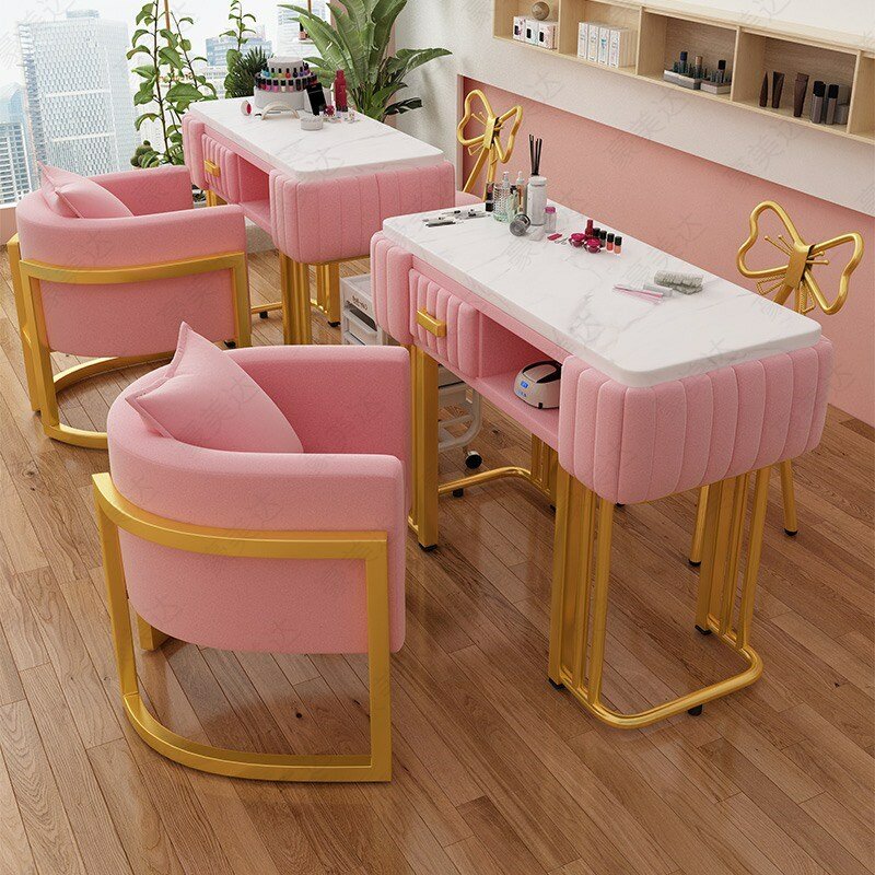 Net promi licht luxus nagel tisch einzel-und doppel wirtschaftlich einfache moderne nachahmung marmor nagel shop tisch und stuhl set