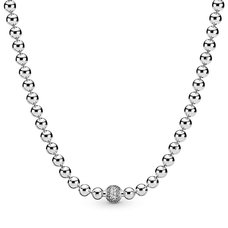 New 925 Sterling Silver Necklace Rose & Silver Beads & Pave Crystal Sliding Necklace For Women Wedding Gift Diy Pandora Jewelry