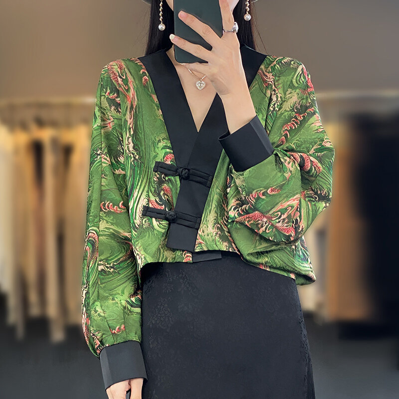 복고풍 프린트 긴 소매 숄 재킷 여성용, 외부 기질, 루즈한 버클 상의, 하이웨이스트 짧은 선스크린