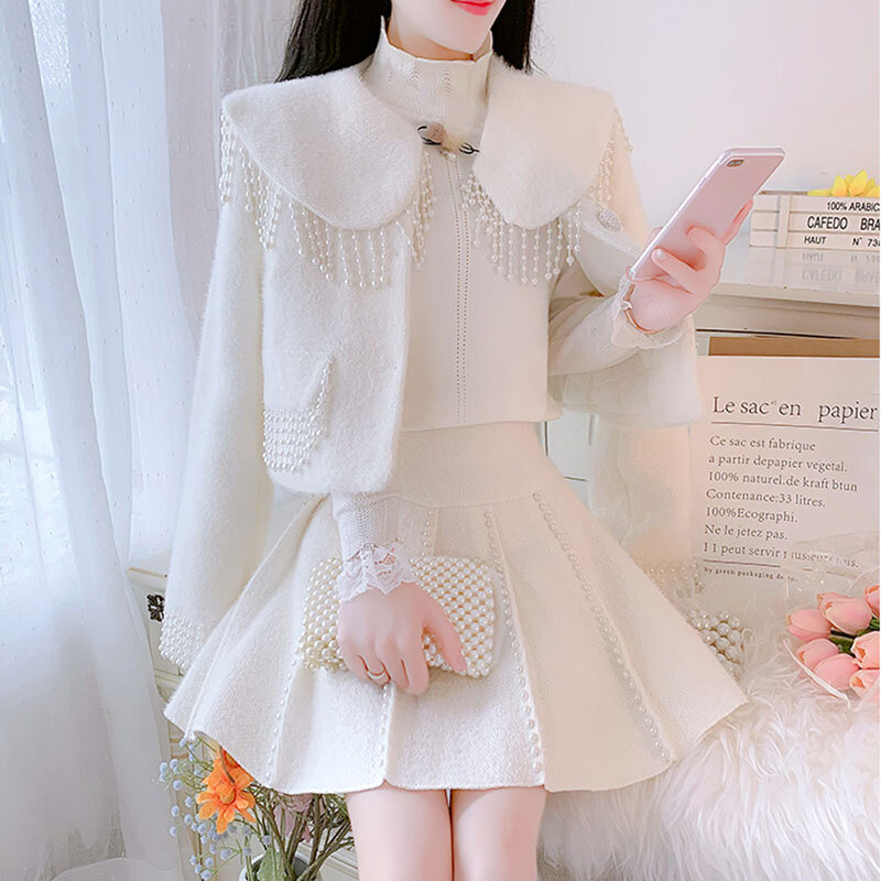 Small Fragrance Two Piece Sets Vintage Women Elegant Tweed Beading Jacket Coat + A-Line Mini Skirt Suits Korean Sweet Outfits
