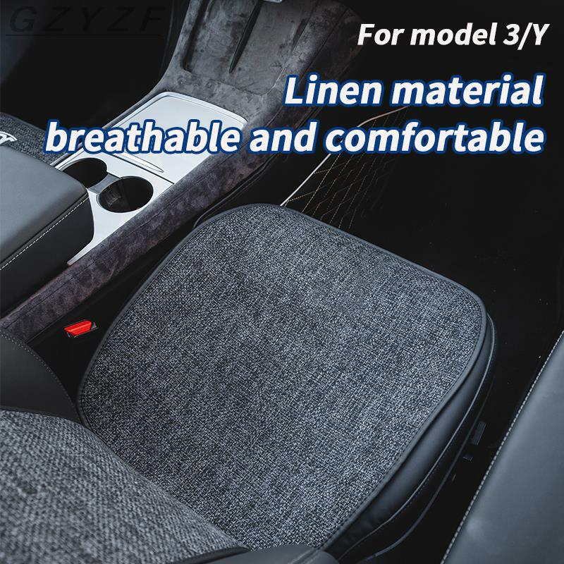 Linen Car Seat Cover For Tesla Model 3/model Y Linen Cushion Auto Seat Protector Non-slip Four Season Car Interior Covers