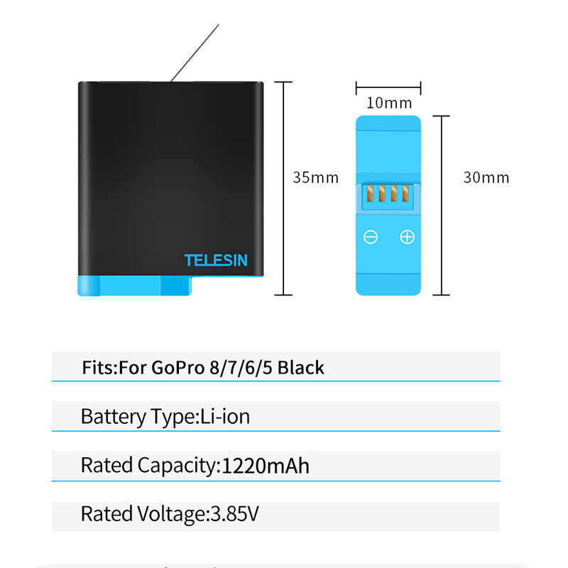 TELESIN-Paquete de 3 baterías de 1220mAh, caja de carga de almacenamiento con 3 ranuras, luz LED, Cargador rápido, lector de tarjetas TF, para GoPro Hero 8, 7, 6, 5, color negro