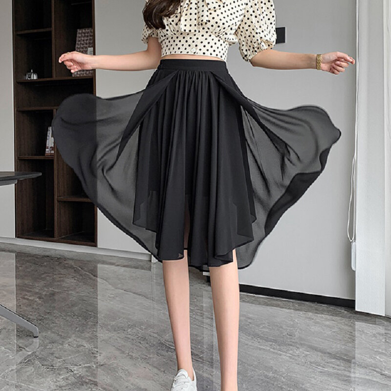 Wisher&Tong Women's Chiffon Skirt Shorts High Waist Korean Fashion Long Skirts Female Clothing Summer 2022 Black Short Skirt