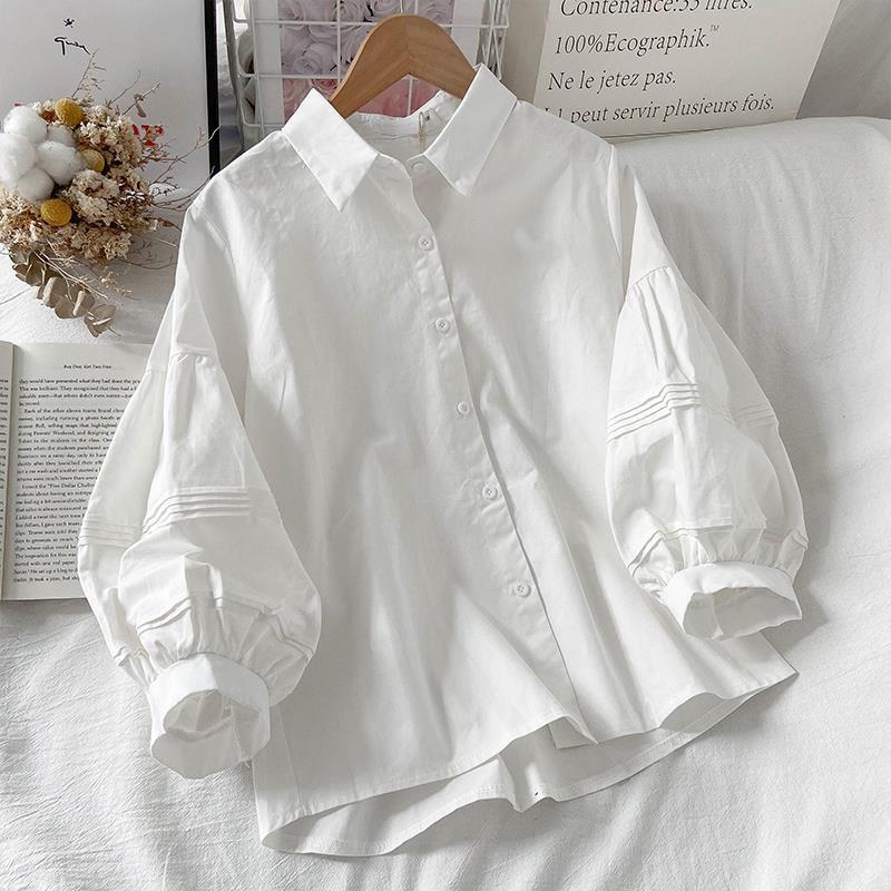 Camisa informal de gasa con botones para mujer, Blusa de manga larga abombada que combina con todo, blusa lisa y dulce, 2023