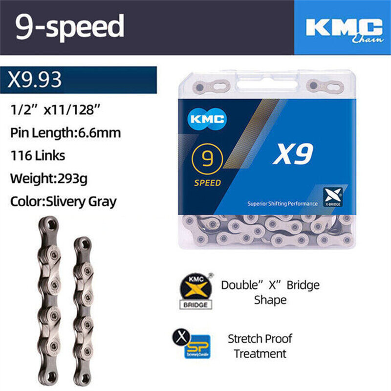 Цепь KMC X9 для горного велосипеда, 9 скоростей, 9 В, 116 звеньев, с волшебными цепями, оригинальные Серебристые цепи в коробке, дешевая бесплатная доставка, новинка DH