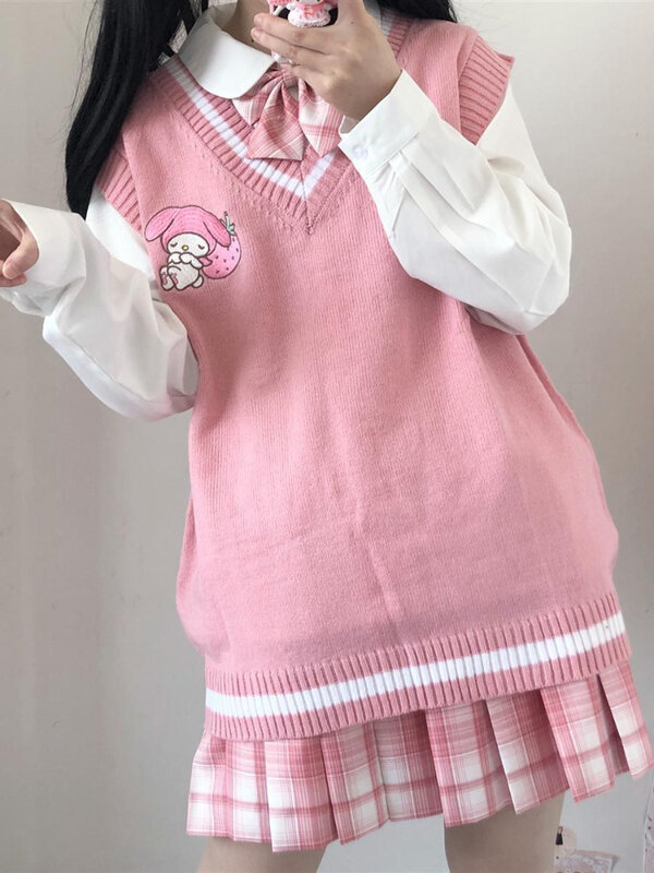 Houzhou kawaii camisola colete dos desenhos animados doce bonito preppy estilo feminino pulôver com decote em v bordado japonês lolita topos