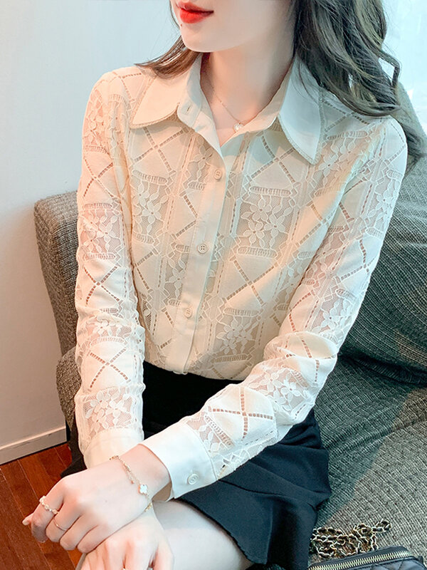 Lace Shirt Female Fashion Age Reduction Hollow Out Solid Turn Down Collar Long Sleeve Ladies Cardigan Women Top