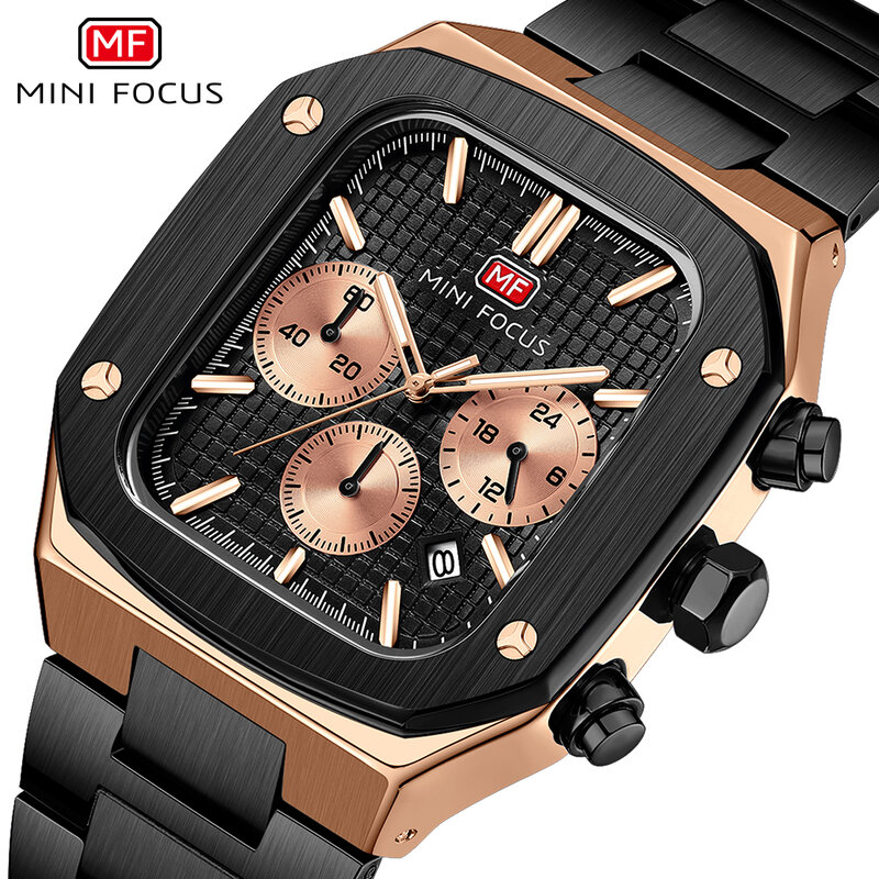 MINI FOCUS moda prostokąt Sport zegarek dla mężczyzn zegarki kwarcowe wielofunkcyjne sub-tarcze kalendarz pasek ze stali nierdzewnej zegar