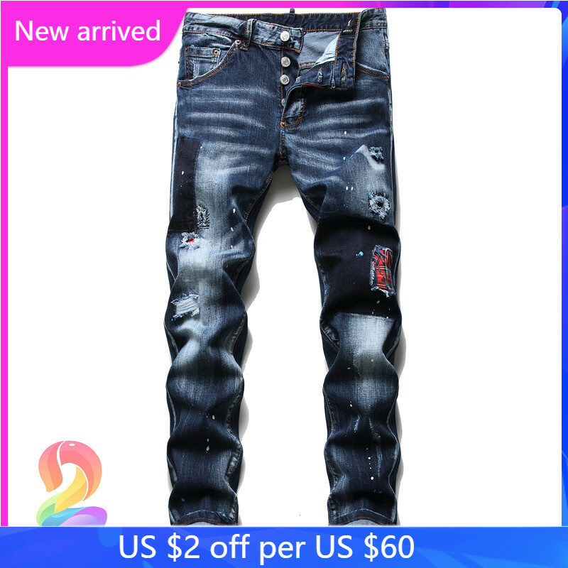 High Street DSQ2 Blue Denim Jeans Fashion Ripped Pants Patch Stretch Paint Trousers Oversized Men's Jeans