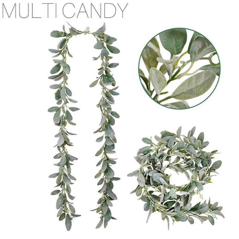 3X Artificial Flocked Lambs Ear Garland - 2Meter Soft Faux Vine Greenery And Leaves For Farmhouse Mantel Decor