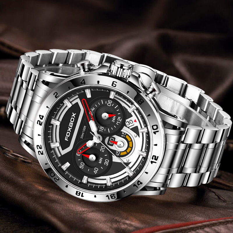 LIGE-캐주얼 스포츠 크로노그래프 남성용 시계, 스테인레스 스틸 손목시계, 큰 다이얼 쿼츠 시계, 남성용 방수 시계