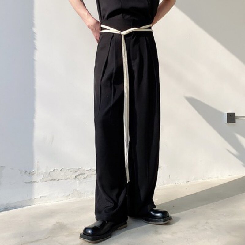 Original Men's Trousers Black Gothic Belt Design Social Straight Bottoms Youth Man Casual Wide Pants Yuppie Japan Hip Hop Pants
