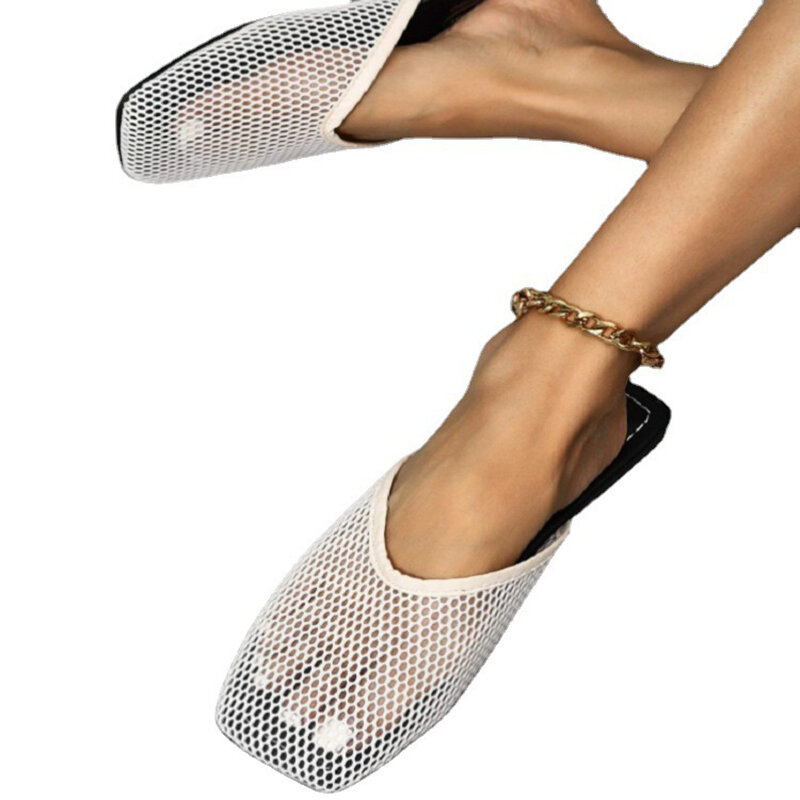 메쉬 슬리퍼 여성 플랫 여름 신발 캐주얼 편안한 스퀘어 발가락 슬립 온 야외 비치 신발 플러스 사이즈 43