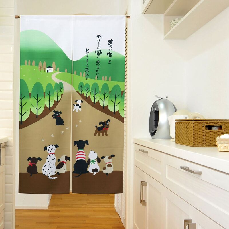 Permadani Tirai Pintu Gaya Jepang untuk Dekorasi Rumah 33.5 Inci X 59 Inci (Keluarga Anjing Bahagia)