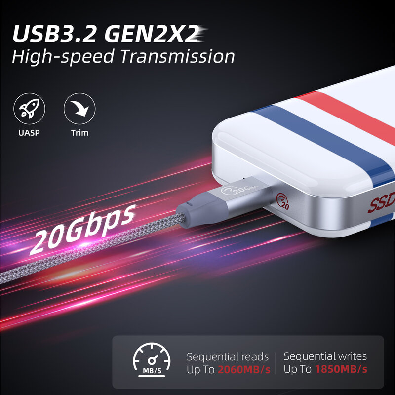 SANZANG USB 3.2 20Gbps SSD 휴대용 외장 솔리드 스테이트 드라이브 512GB/1T 최대 2000 메가바이트/초 Type- C Windows/Mac os와 호환 가능