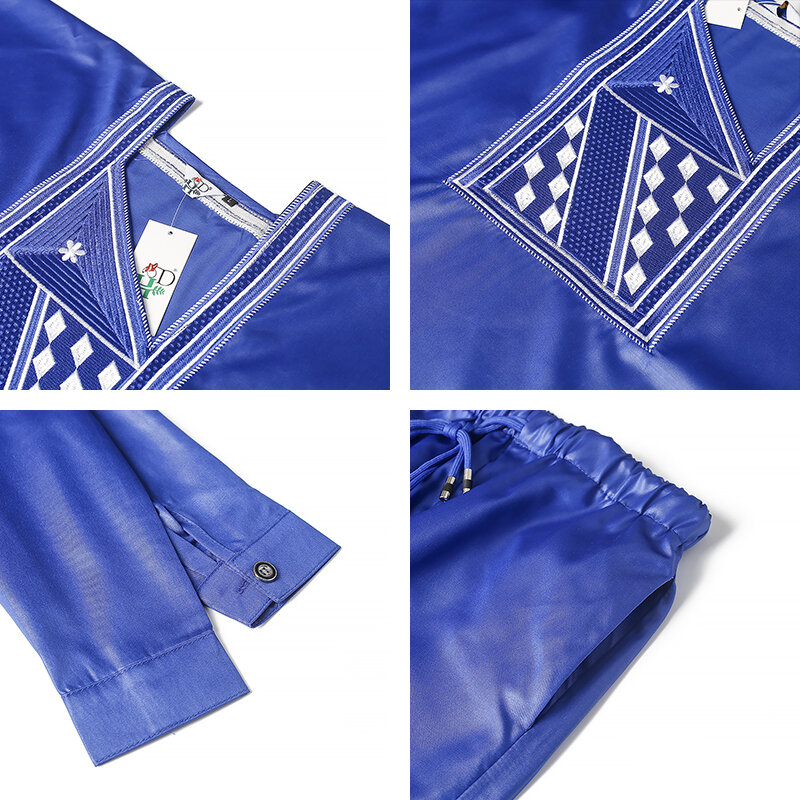 H & D-ropa tradicional africana para niños, Tops de manga larga en blanco y azul, traje Dashiki bordado, conjunto de camisa y pantalón, 3 piezas, 2022