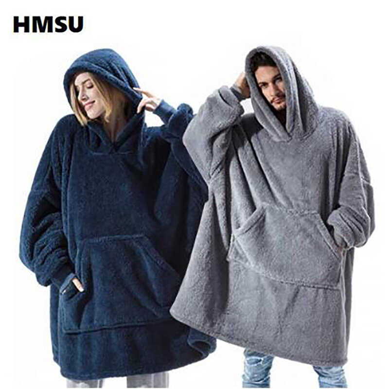 HMSU ใหม่ขนแกะผ้าห่มแขนกลางแจ้ง Hooded Warm Soft Hoodie Slant Robe เสื้อคลุมอาบน้ำเสื้อกันหนาว