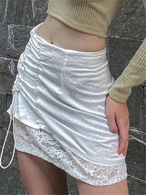 Hirigin feminino lado cordão curto mini saias harajuku escuro academia gótico retro moda cintura alta sólido renda hem saias y2k