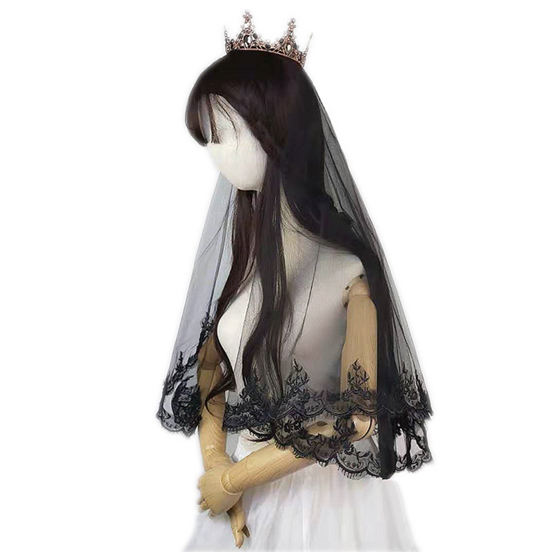 Kerudung hitam pengantin wanita, tudung kepala kain Tule kerudung pernikahan Katedral pendek untuk perempuan
