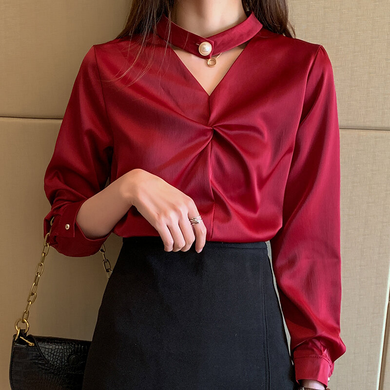 Pearl Button Sexy Women Shirt Solid Clothing Spring Korean Fashion Ruffled Satin Long-sleeved V Neck Hollow Out Shirt Blouse