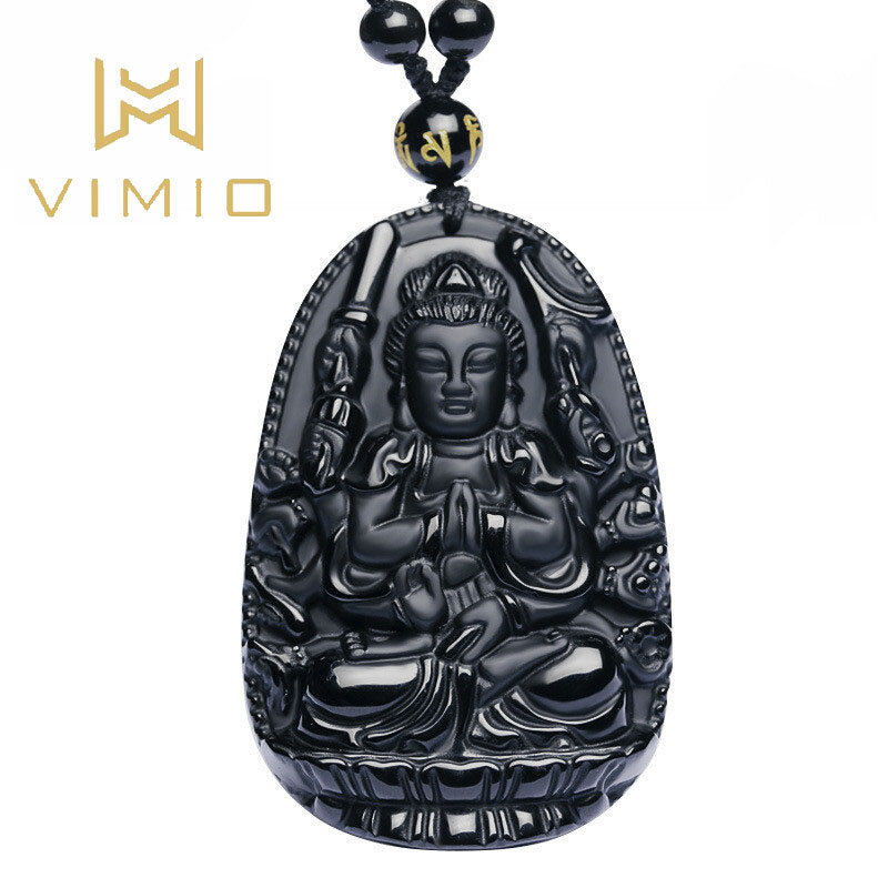 Kualitas Tinggi Unik Hitam Alami Seperti Obsidian Ukiran Budha Beruntung Amulet Liontin Kalung untuk Wanita Pria Liontin Perhiasan